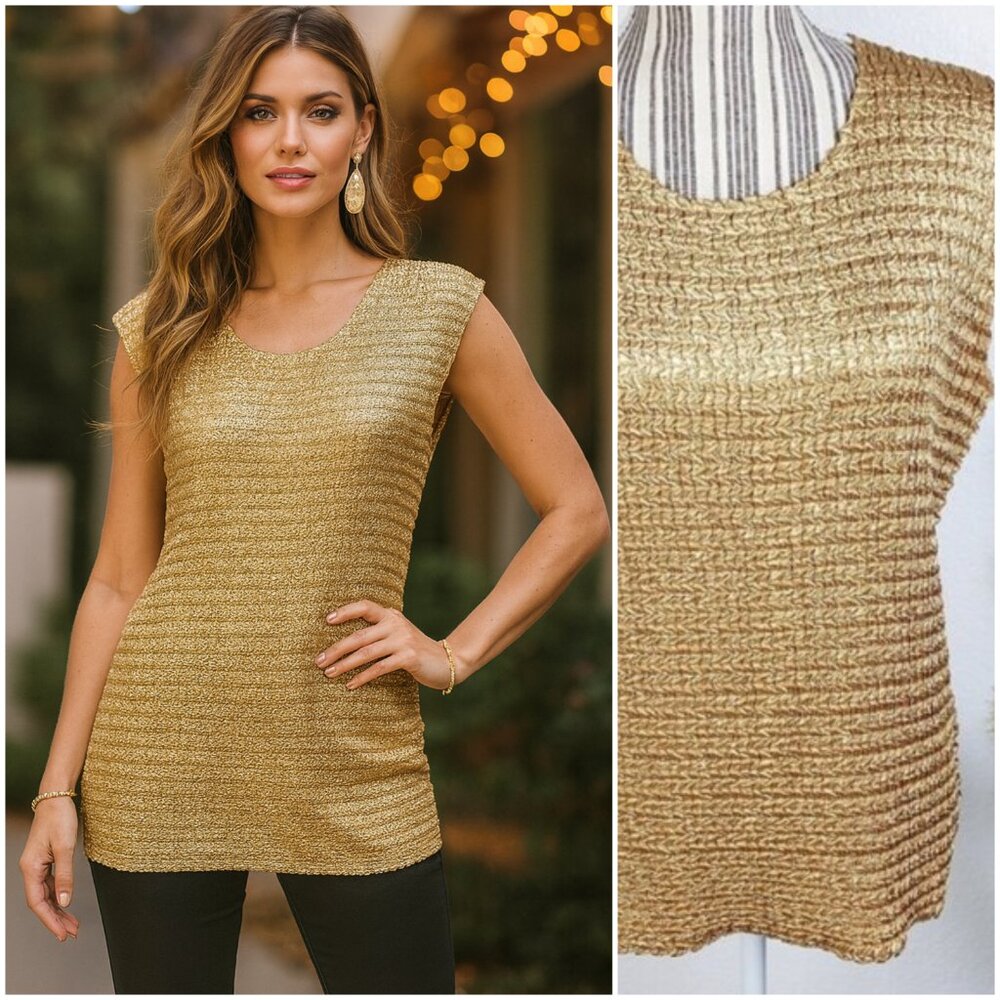 Vintage NICOLA Woman Crinkled Top Korea size 1X Metallic Gold Evening Travel 90s